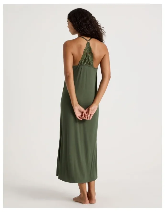 Chloe & Lola Pure Comfort Lace Trim Halter Long Chemise in Olive