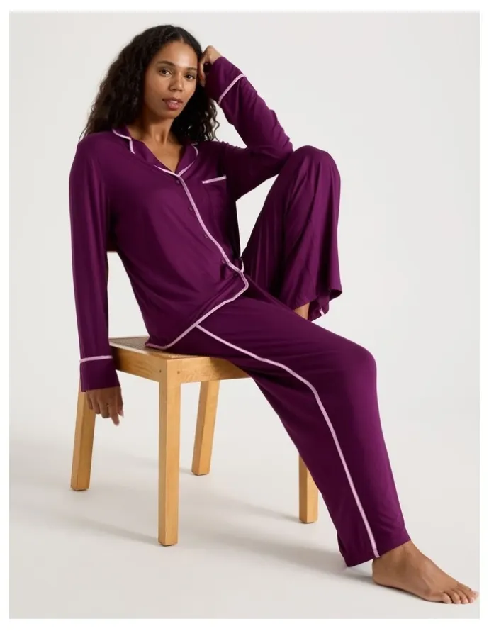 Chloe & Lola Pure Comfort Binding Long Sleeve Long PJ Set in Magenta