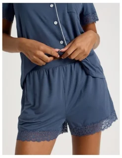 Chloe & Lola Pure Comfort Lace Trim Short Sleeve Short PJ Set in Indigo