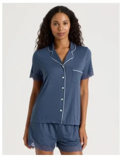 Chloe & Lola Pure Comfort Lace Trim Short Sleeve Short PJ Set in Indigo