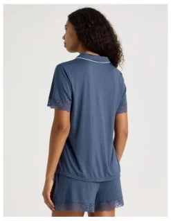 Chloe & Lola Pure Comfort Lace Trim Short Sleeve Short PJ Set in Indigo
