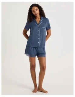Chloe & Lola Pure Comfort Lace Trim Short Sleeve Short PJ Set in Indigo