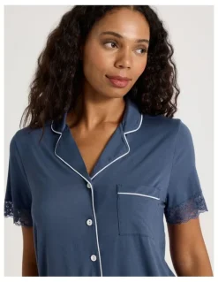 Chloe & Lola Pure Comfort Lace Trim Short Sleeve Short PJ Set in Indigo