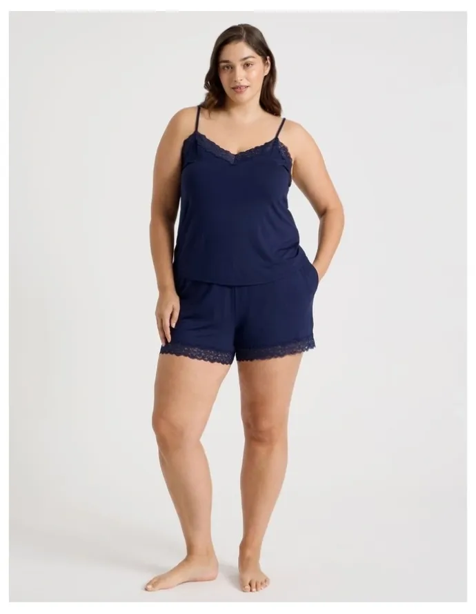 Chloe & Lola Pure Comfort Lace Trim Cami Boxer Set in Navy