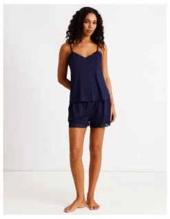 Chloe & Lola Pure Comfort Lace Trim Cami Boxer Set in Navy