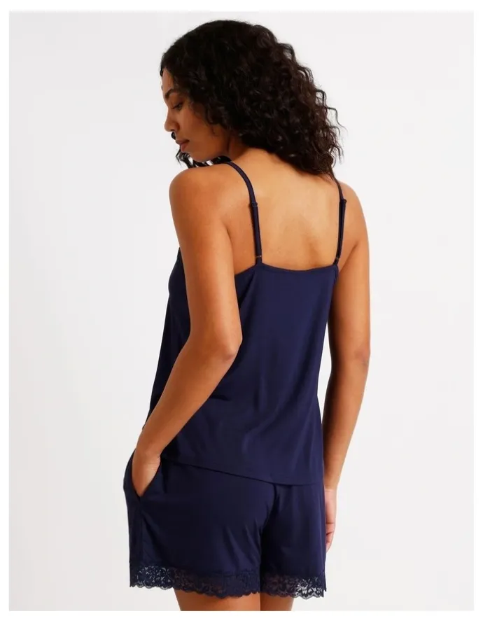 Chloe & Lola Pure Comfort Lace Trim Cami Boxer Set in Navy