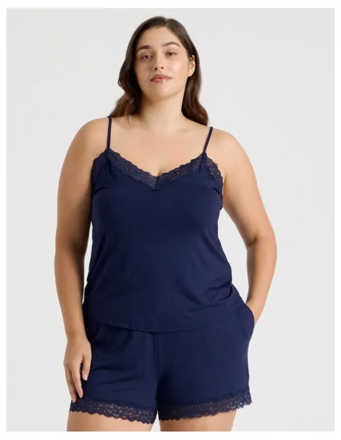 Chloe & Lola Pure Comfort Lace Trim Cami Boxer Set in Navy