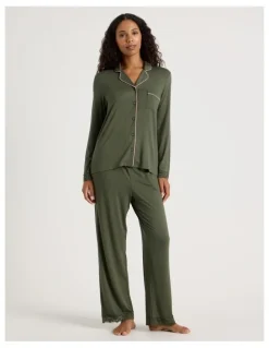 Chloe & Lola Pure Comfort Lace Trim Long Sleeve Long PJ Set in Olive