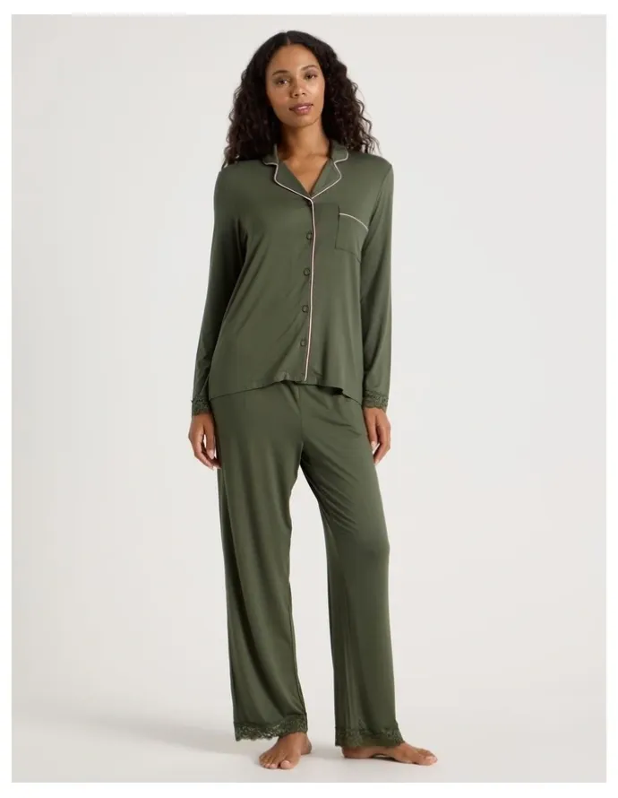 Chloe & Lola Pure Comfort Lace Trim Long Sleeve Long PJ Set in Olive