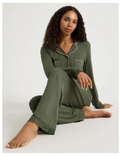Chloe & Lola Pure Comfort Lace Trim Long Sleeve Long PJ Set in Olive