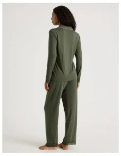 Chloe & Lola Pure Comfort Lace Trim Long Sleeve Long PJ Set in Olive