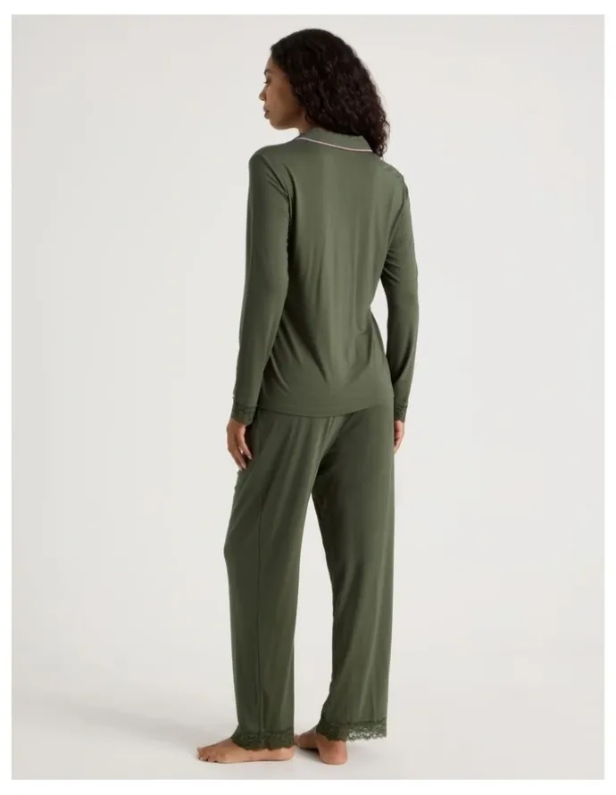 Chloe & Lola Pure Comfort Lace Trim Long Sleeve Long PJ Set in Olive