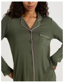 Chloe & Lola Pure Comfort Lace Trim Long Sleeve Long PJ Set in Olive
