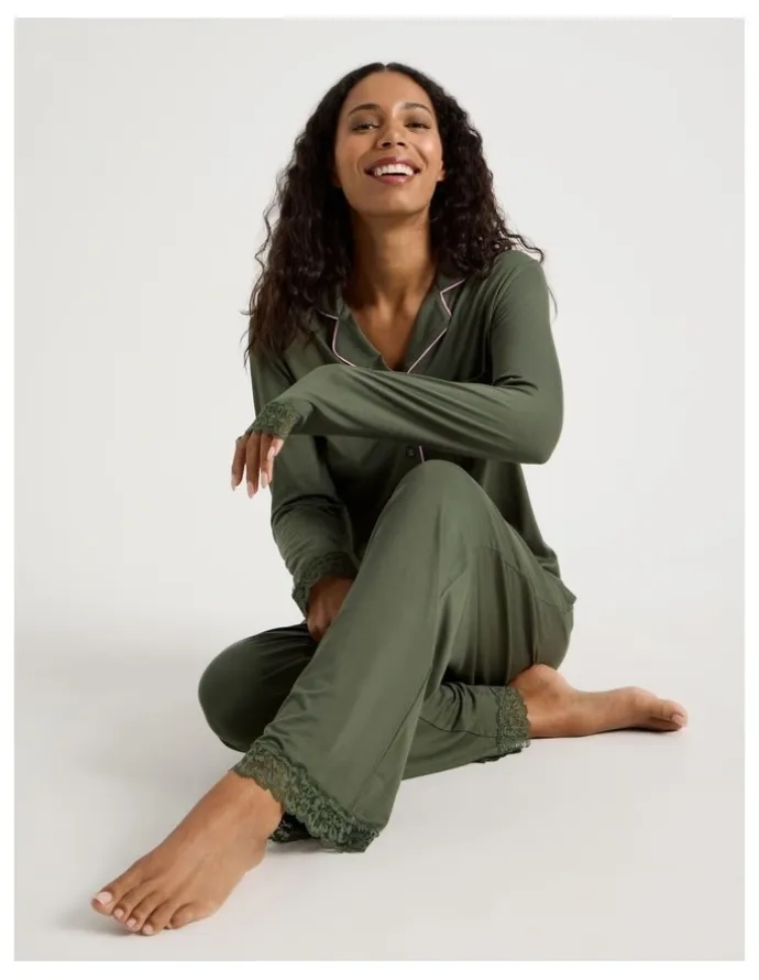 Chloe & Lola Pure Comfort Lace Trim Long Sleeve Long PJ Set in Olive
