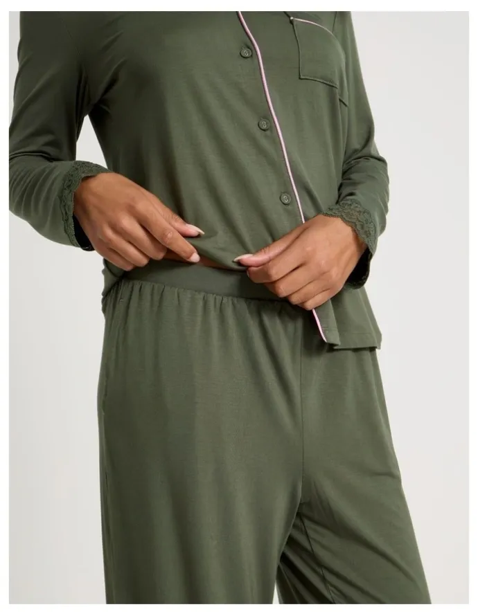 Chloe & Lola Pure Comfort Lace Trim Long Sleeve Long PJ Set in Olive