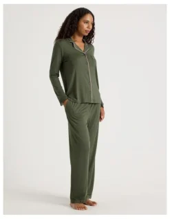 Chloe & Lola Pure Comfort Lace Trim Long Sleeve Long PJ Set in Olive