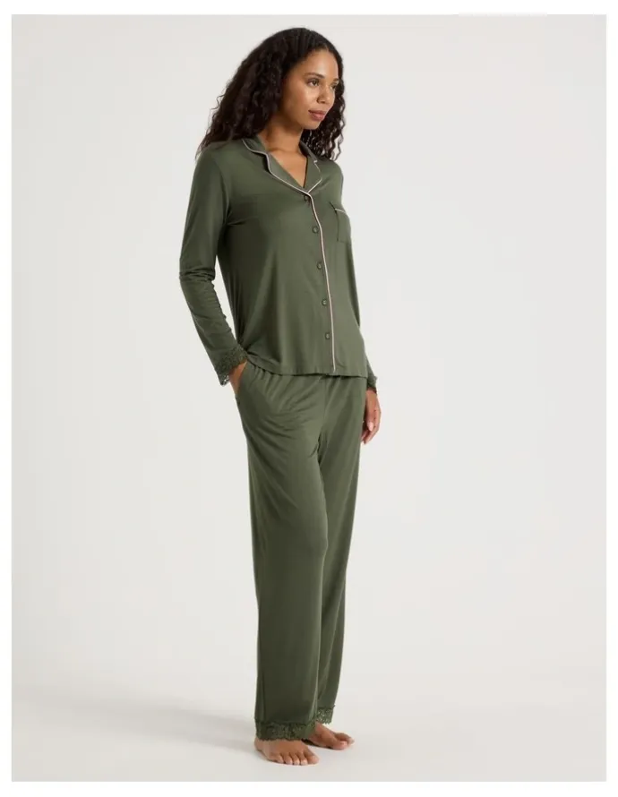 Chloe & Lola Pure Comfort Lace Trim Long Sleeve Long PJ Set in Olive