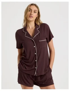 Chloe & Lola Pure Comfort Rib Short Sleeve Short Pyjama Set in Burnt Fig