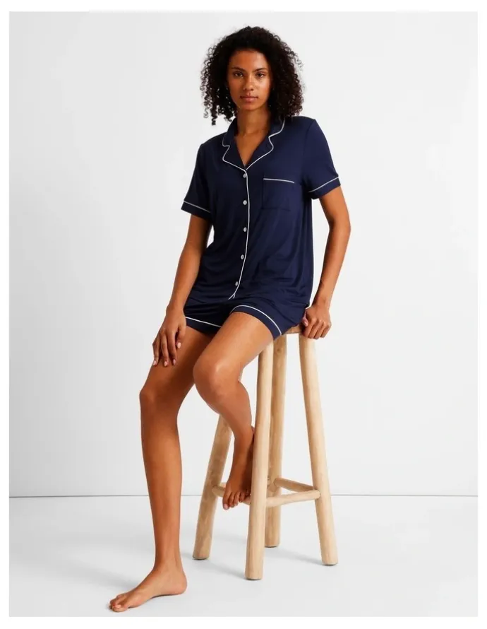 Chloe & Lola Pure Comfort Bamboo Short Sleeve Pyjama Set in Navy