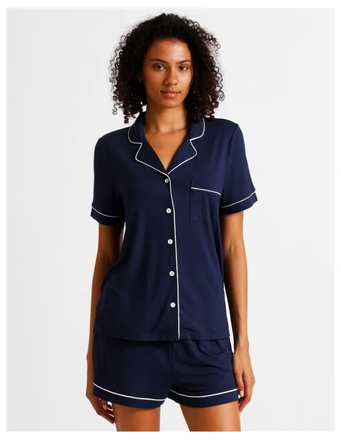 Chloe & Lola Pure Comfort Bamboo Short Sleeve Pyjama Set in Navy