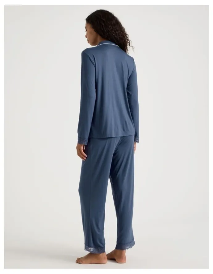 Chloe & Lola Pure Comfort Lace Trim Long Sleeve Long PJ Set in Indigo
