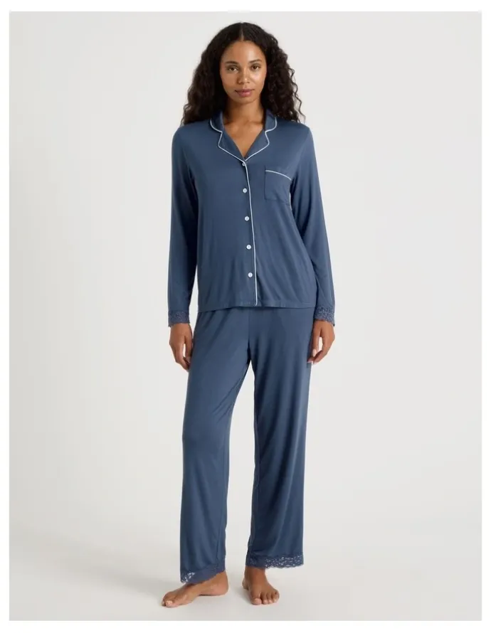 Chloe & Lola Pure Comfort Lace Trim Long Sleeve Long PJ Set in Indigo