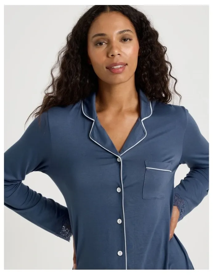Chloe & Lola Pure Comfort Lace Trim Long Sleeve Long PJ Set in Indigo