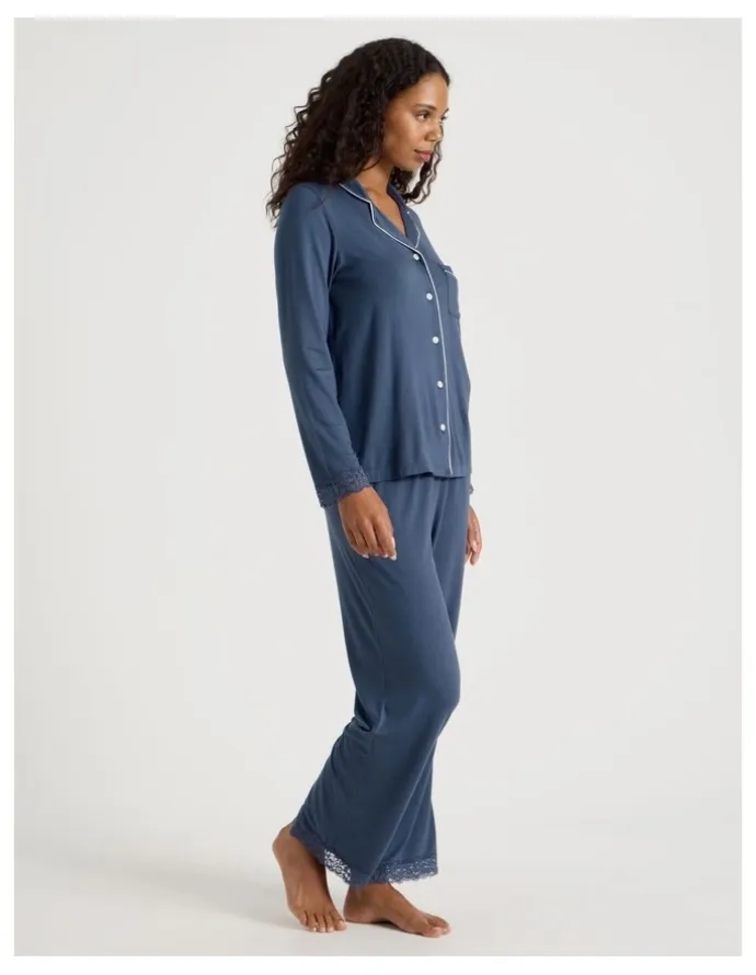 Chloe & Lola Pure Comfort Lace Trim Long Sleeve Long PJ Set in Indigo