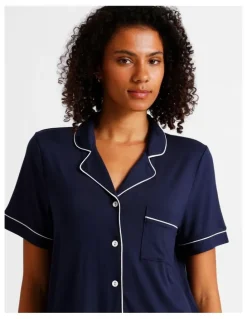 Chloe & Lola Pure Comfort Short Sleeve Long PJ Set in Navy