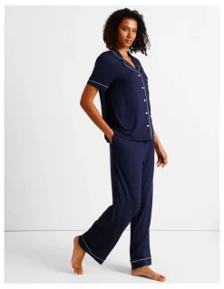 Chloe & Lola Pure Comfort Short Sleeve Long PJ Set in Navy