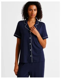 Chloe & Lola Pure Comfort Short Sleeve Long PJ Set in Navy