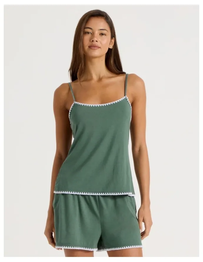 Chloe & Lola Pure Comfort Crochet Edge Cami Boxer Set in Laurel Green