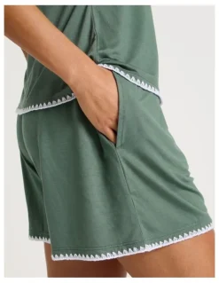 Chloe & Lola Pure Comfort Crochet Edge Cami Boxer Set in Laurel Green