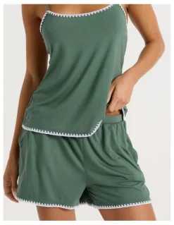 Chloe & Lola Pure Comfort Crochet Edge Cami Boxer Set in Laurel Green