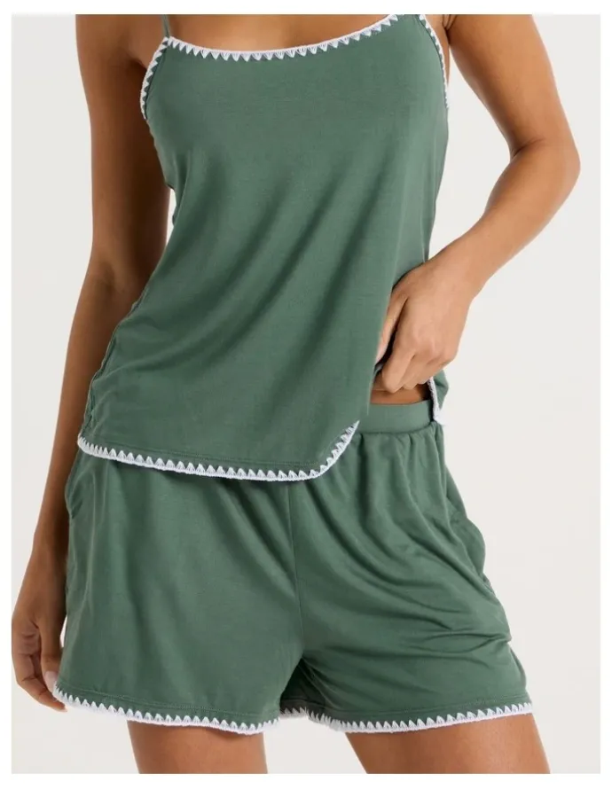 Chloe & Lola Pure Comfort Crochet Edge Cami Boxer Set in Laurel Green