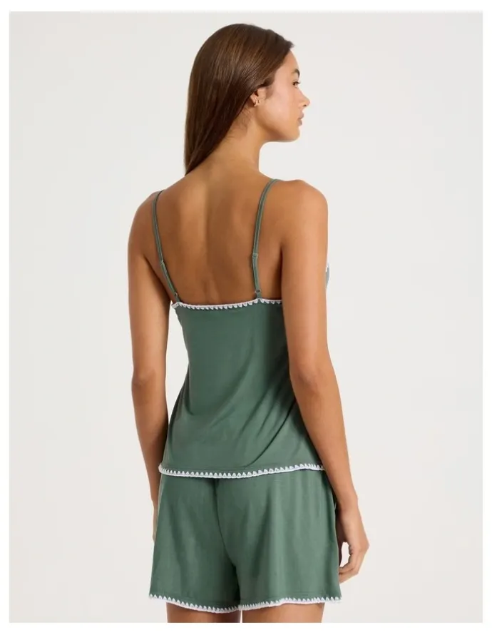 Chloe & Lola Pure Comfort Crochet Edge Cami Boxer Set in Laurel Green