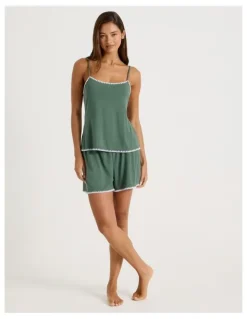 Chloe & Lola Pure Comfort Crochet Edge Cami Boxer Set in Laurel Green