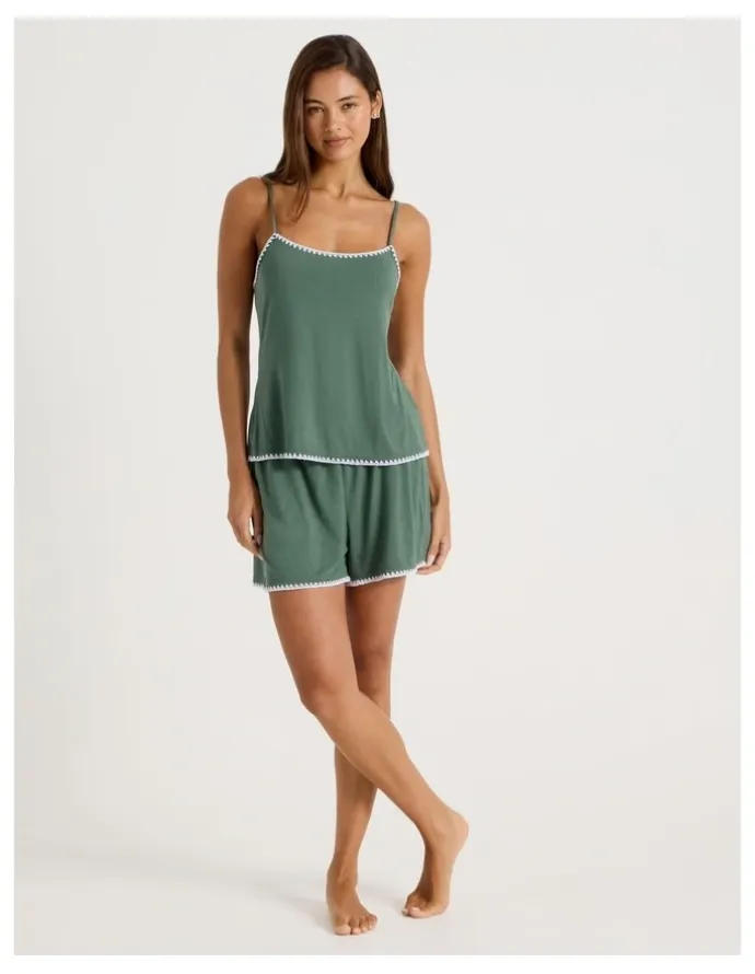 Chloe & Lola Pure Comfort Crochet Edge Cami Boxer Set in Laurel Green