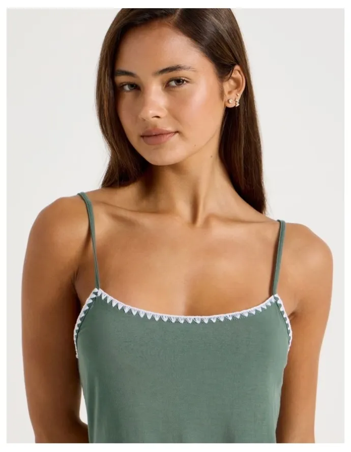 Chloe & Lola Pure Comfort Crochet Edge Cami Boxer Set in Laurel Green
