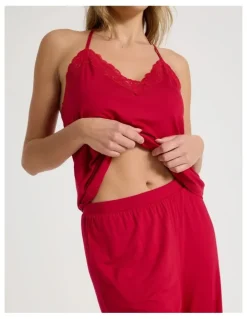 Chloe & Lola Pure Comfort Lace Trim Cami Long PJ Set in Chilli Red