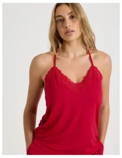 Chloe & Lola Pure Comfort Lace Trim Cami Long PJ Set in Chilli Red