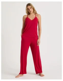 Chloe & Lola Pure Comfort Lace Trim Cami Long PJ Set in Chilli Red