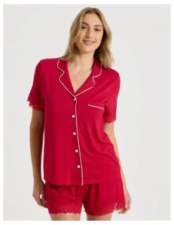 Chloe & Lola Pure Comfort Lace Trim Short Sleeve Short PJ Set in Chilli Red