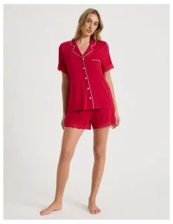 Chloe & Lola Pure Comfort Lace Trim Short Sleeve Short PJ Set in Chilli Red