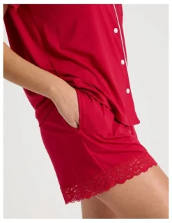 Chloe & Lola Pure Comfort Lace Trim Short Sleeve Short PJ Set in Chilli Red