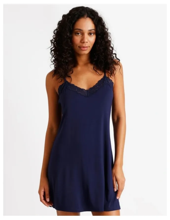 Chloe & Lola Pure Comfort Lace Trim Chemise in Navy