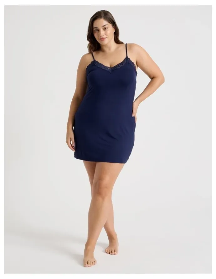 Chloe & Lola Pure Comfort Lace Trim Chemise in Navy