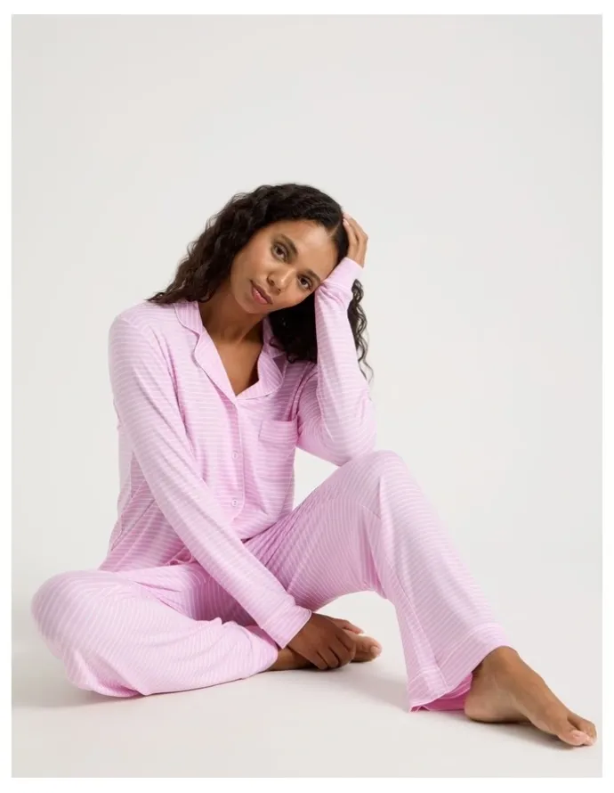 Chloe & Lola Pure Comfort Long Sleeve Long PJ Set in Fairy Floss Pink Y/D Stripe