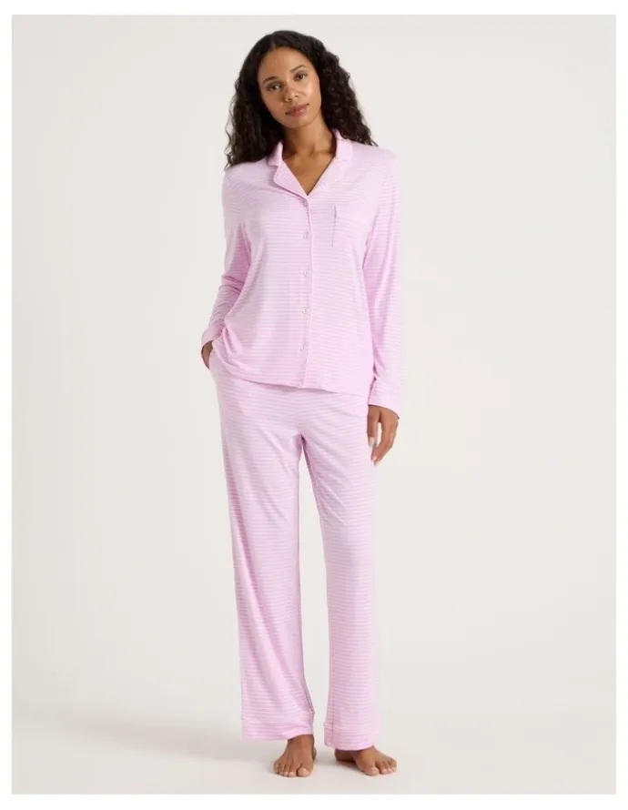 Chloe & Lola Pure Comfort Long Sleeve Long PJ Set in Fairy Floss Pink Y/D Stripe