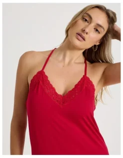 Chloe & Lola Pure Comfort Lace Trim Halter Long Chemise in Chilli Red
